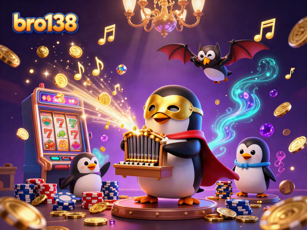 Experience the excitement of bro138 as a penguin plays a golden organ amidst cascading coins and vibrant slot reels.