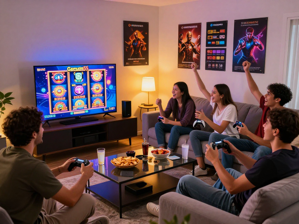 Engaging gaming scene with friends enjoying https://garuda55.com/ slot games in a cozy living room.