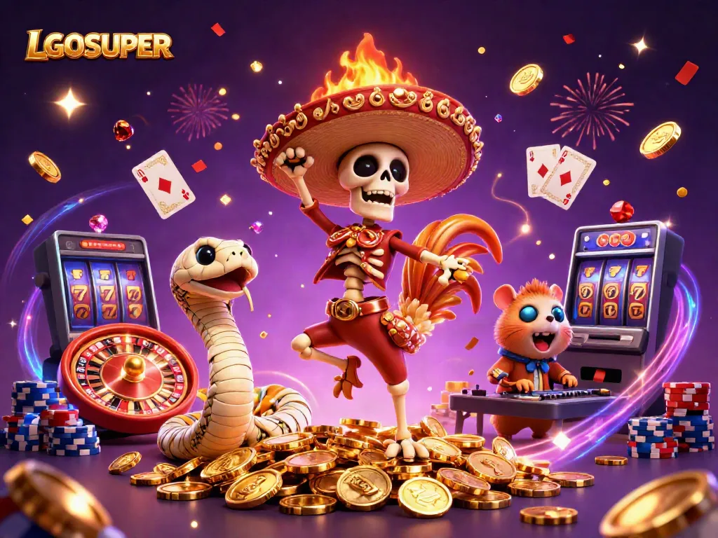 Spin and win big with LGOSUPER's vibrant gaming scene featuring lively characters and dynamic casino elements.