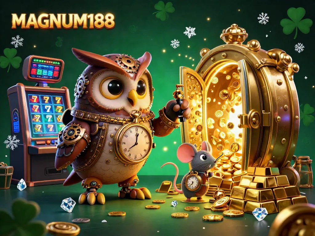 Experience thrilling wins at MAGNUM188 with steampunk owl and futuristic slot machines!