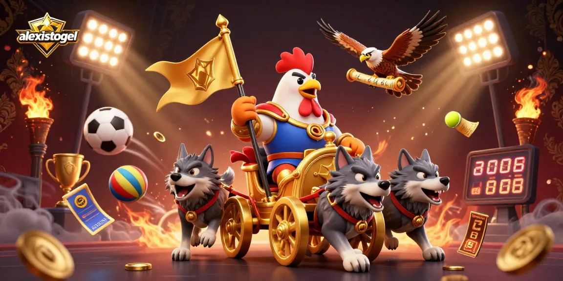 Ilustrasi grafis 3D dari alexistogel dengan karakter jagoan dalam skenario kasino yang kaya.