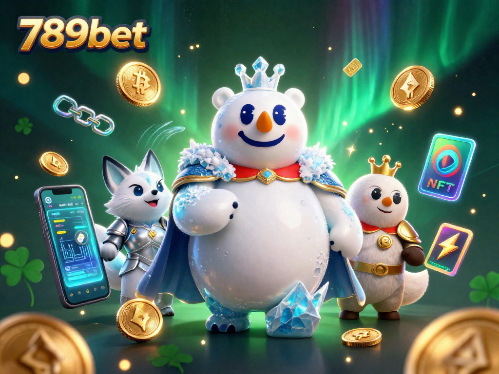 Engage with 789bet's thrilling gaming scene featuring polar bear and fox characters amidst neon cryptocurrency elements.