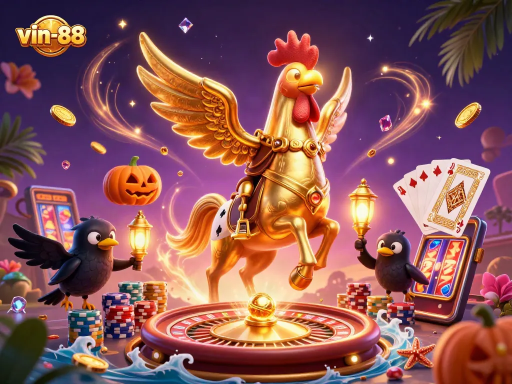Experience the excitement of vin-88 with a vibrant casino scene featuring golden rooster characters.