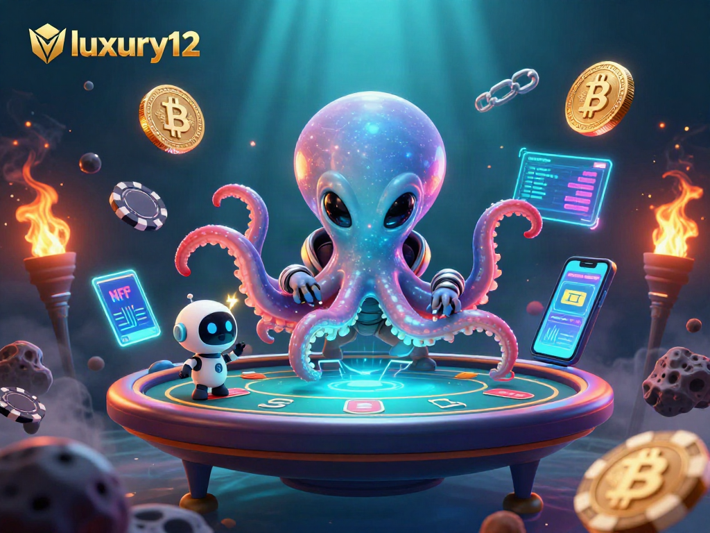 Experience engaging poker with luxury12's cartoon octopus at a holographic table surrounded by crypto coins.