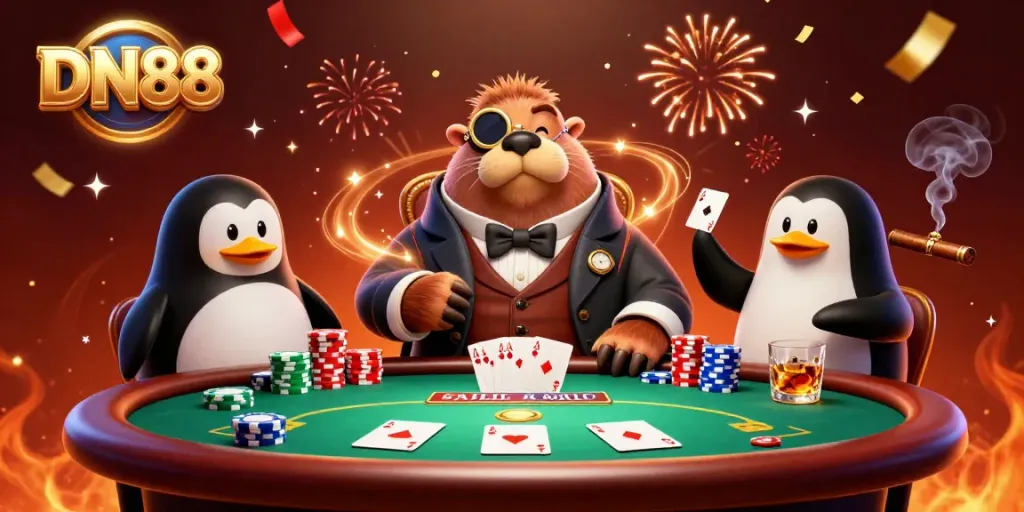 Experience the thrill of DN88 poker with whimsical characters like a walrus and penguin dealer.