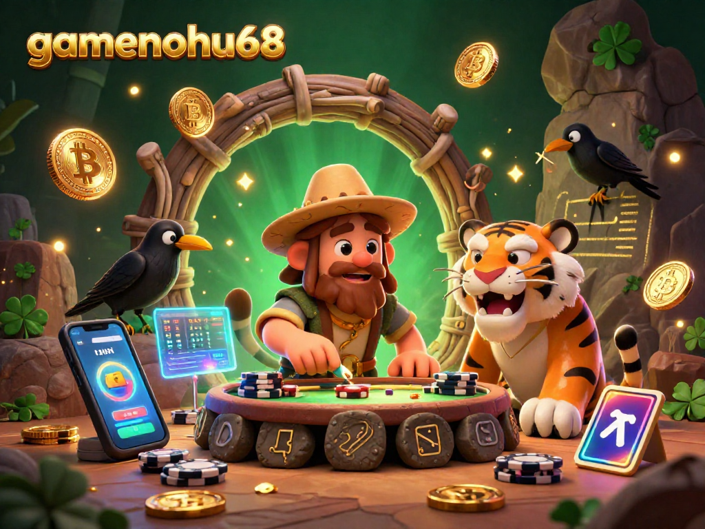 Experience the vibrant action in gamenohu68's prehistoric casino with a caveman and sabertooth tiger managing crypto gaming.