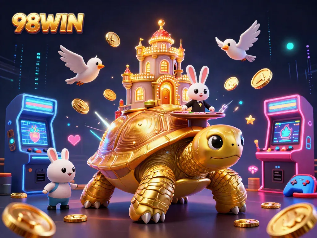 Engage in thrilling gaming adventures at 98WIN with a vivid 3D illustration showcasing playful animals and casino elements.