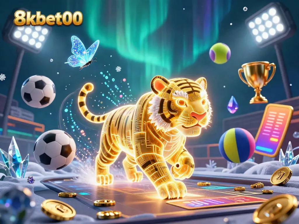 Experience excitement at 8xbet00 with golden tiger symbolizing fortune amidst sports betting elements.
