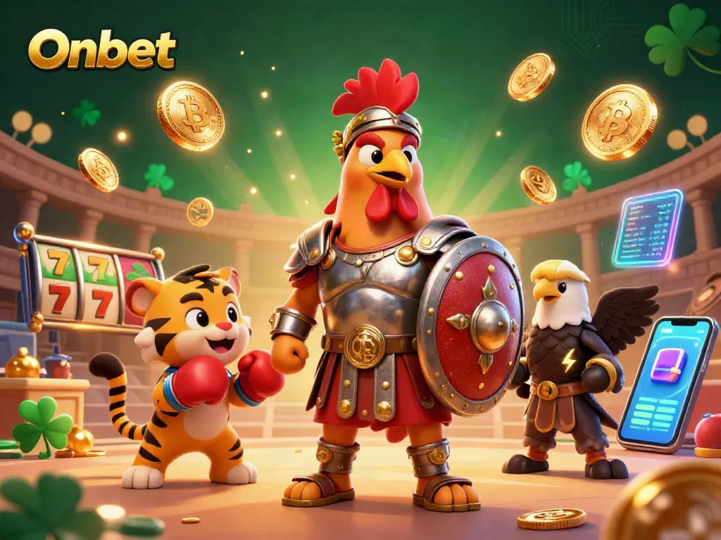 Experience thrilling gameplay with Onbet, featuring a 3D gladiator rooster, vibrant casino elements, and crypto coins.