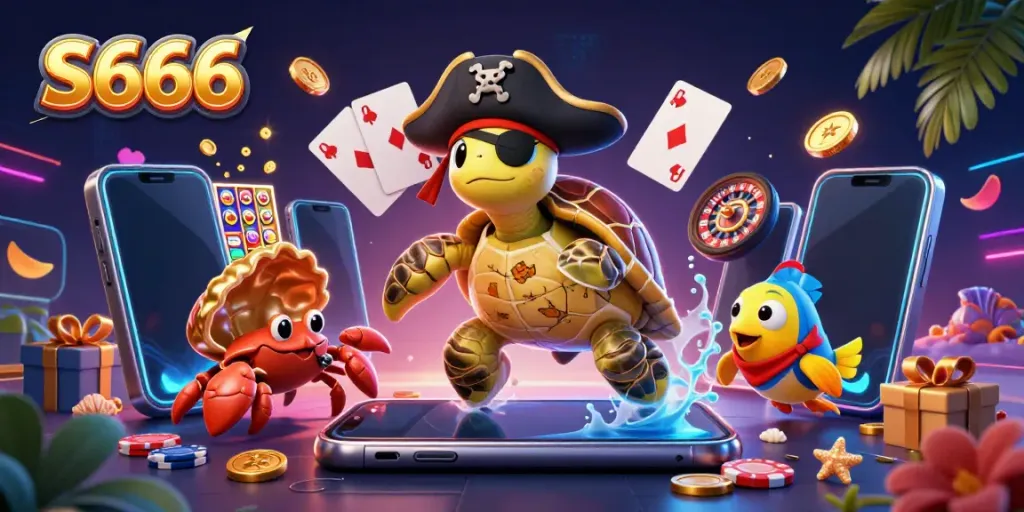 Engage with S666's vibrant casino world featuring a cartoon turtle and treasure.