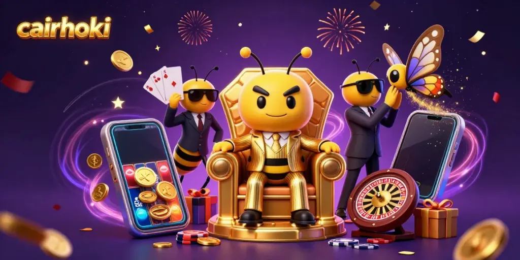 Gambarkan cairhoki dengan bos lebah 3D dalam ruang singgasana berhiaskan permainan slot dan simbol keberuntungan.