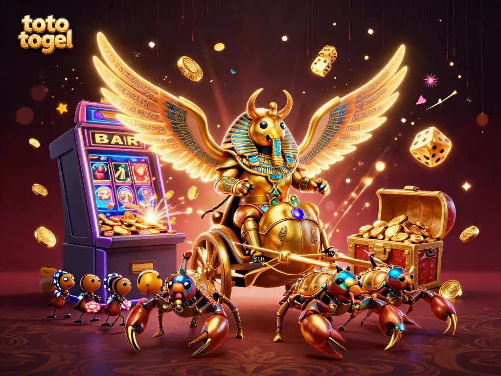 Join the fun with toto togel in a vibrant casino scene featuring a golden scarab chariot and slot machines bursting with jackpots.