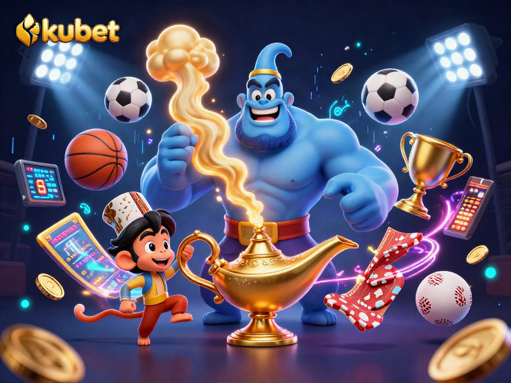 kubet's dynamic casino illustration with genie, monkey, and magic elements in a vibrant setting