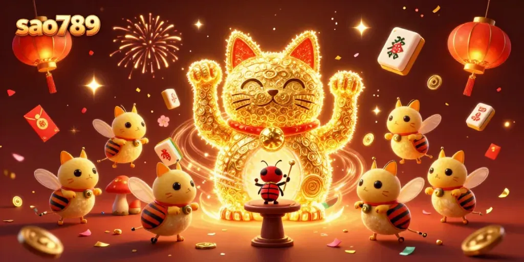 Engage in exciting gameplay with sao789, as a giant lucky cat formed by golden fireflies brings good fortune in a dynamic casino scene.