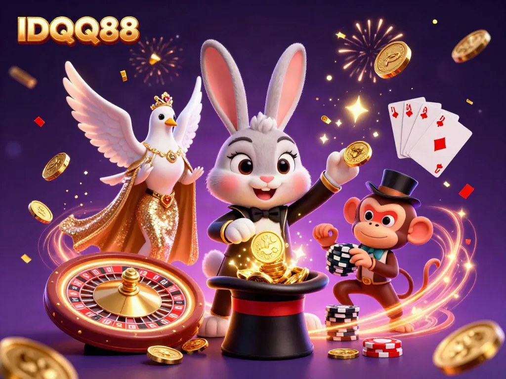 Experience the excitement of IDQQ88 with a magician rabbit pulling golden coins, showcasing vibrant casino elements.
