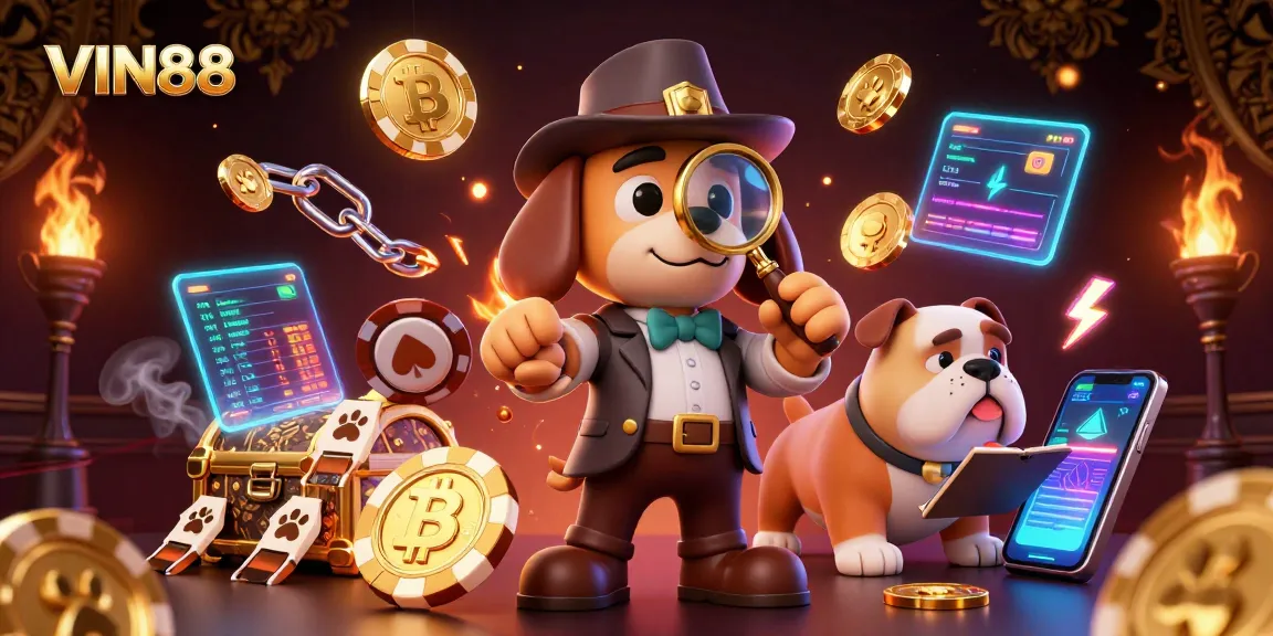 Bet big with VIN88—detective characters revealing golden poker chip clues in a vibrant casino scene.