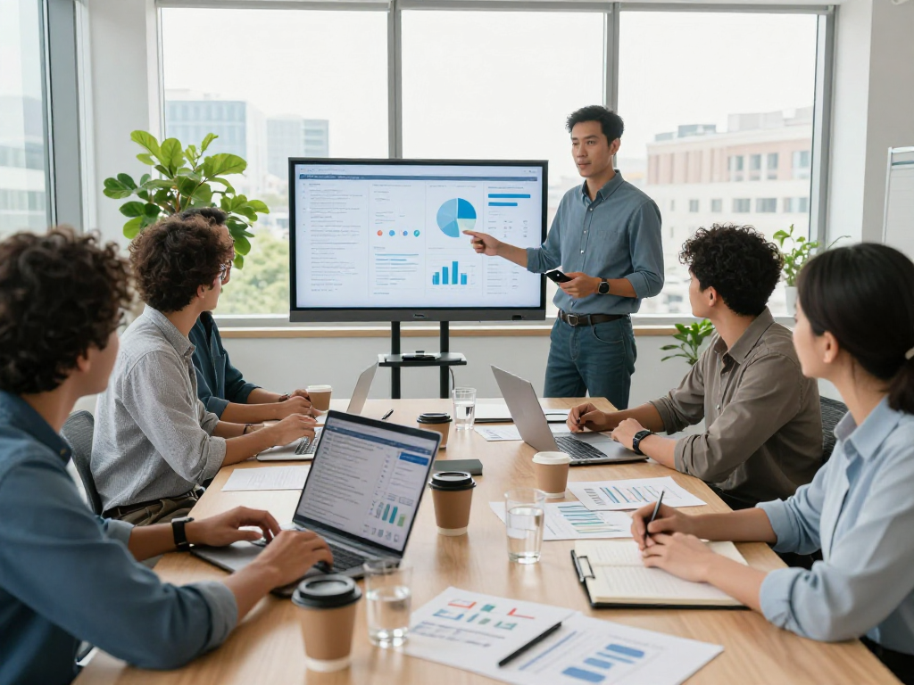 Tim profesional di https://bos88ap.com/ bekerja sama dalam rapat di ruang kantor modern.