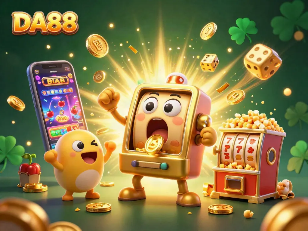 Experience the excitement of DA88 jackpot wins with colorful slots, coins, and fun characters celebrating in a vibrant casino scene.