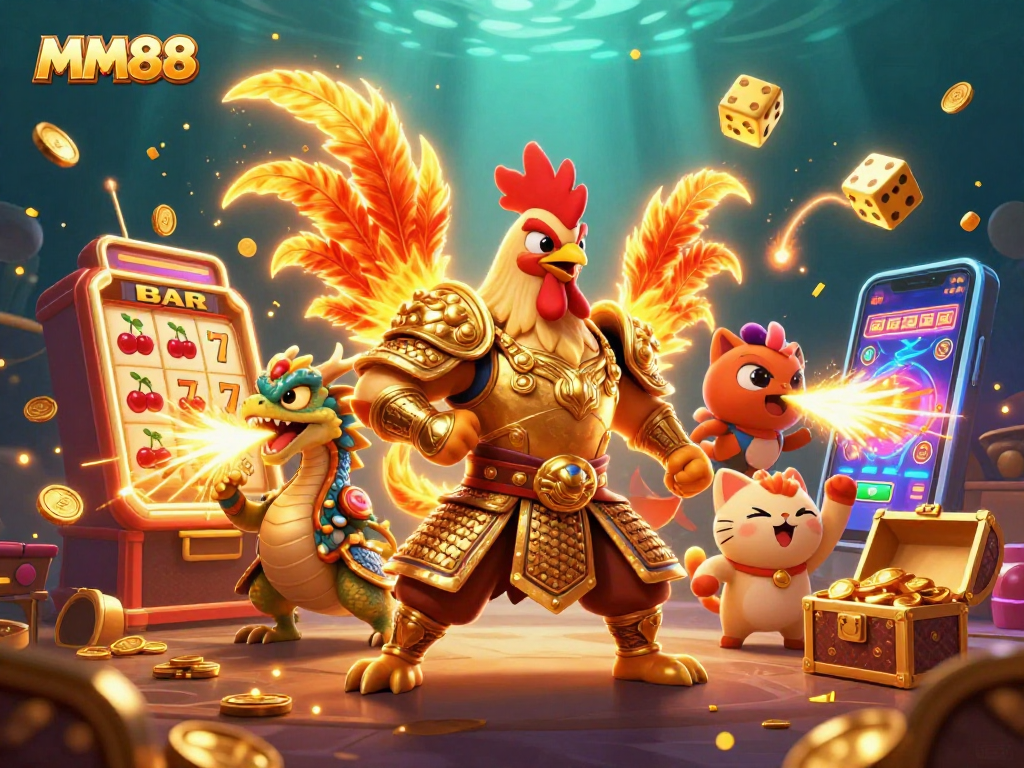 Join the action at MM88 with a dynamic rooster warrior, dragon hatchling, and golden slot machine celebration!