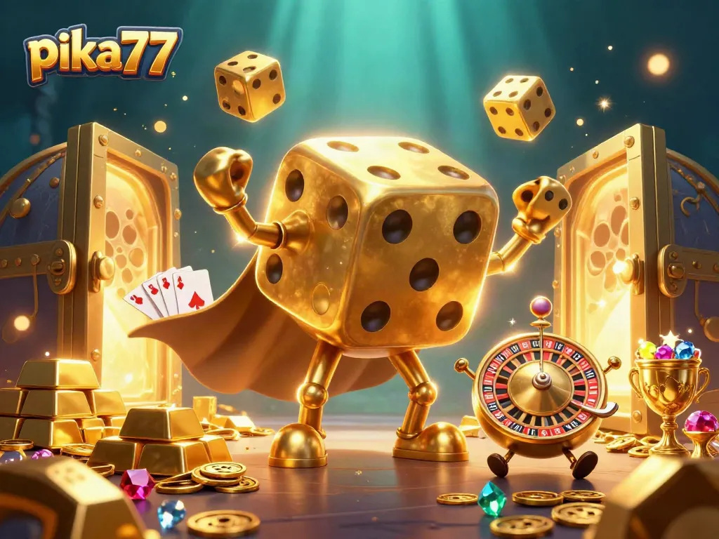 Engage with thrilling games on pika77, featuring vibrant 3D illustration of casino action.