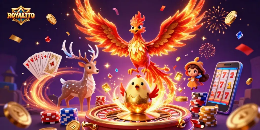 Play explosive games with ROYALTOTO while captivating golden phoenixes and poker chips soar around.