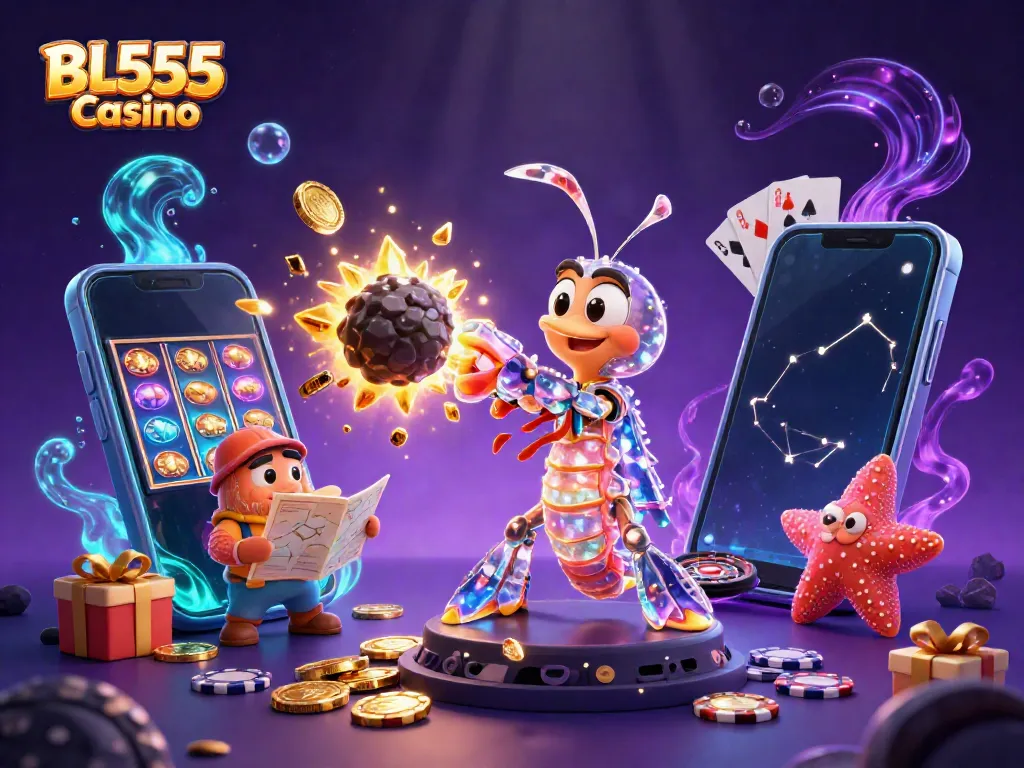 Experience thrilling wins at BL555 Casino with a galactic samurai, gems exploding around.