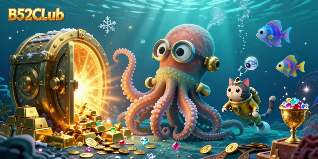 B52CLub captures the thrill of gambling with vibrant golden treasures and a colossal kraken in an underwater scene.