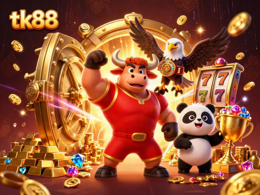 Experience thrilling wins with tk88 in this vibrant casino-themed 3D scene featuring celebratory characters and rich treasures.