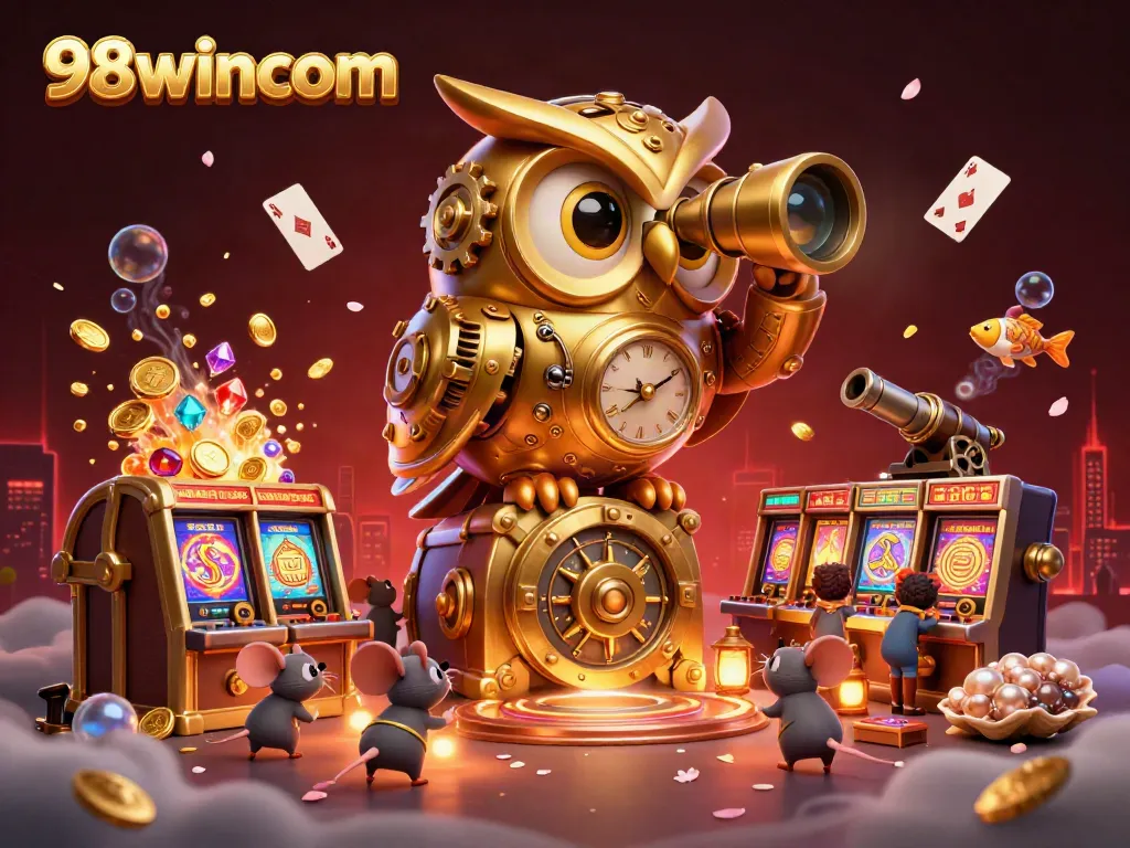Experience the enchanting world of 98wincom with a playful golden owl overseeing a vibrant casino.