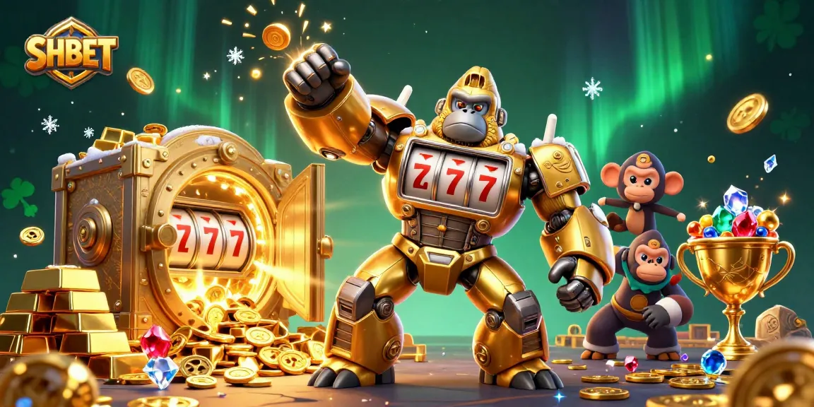 Experience SHBET's thrilling jackpot adventure with a golden gorilla mech surrounded by treasures.