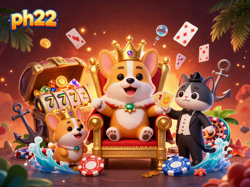 Experience exciting gameplay with ph22, featuring a royal corgi and captivating casino elements in a vibrant scene.