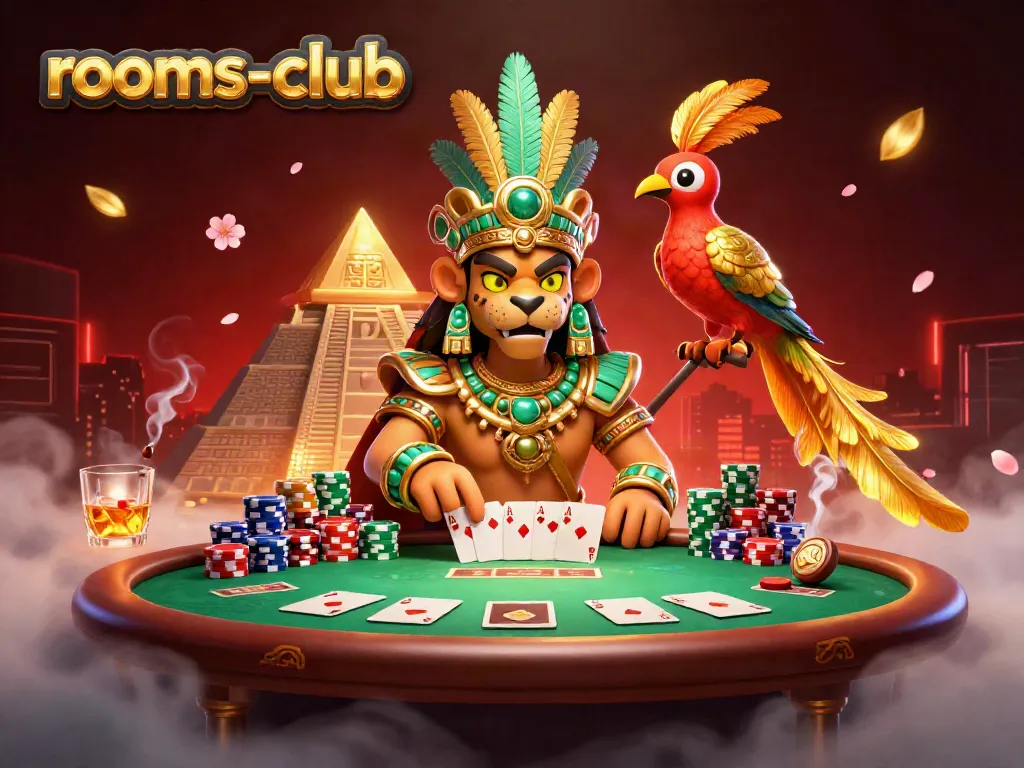 Permainan poker menarik di rooms-club dengan karakter unik, tumpukan chip warna-warni, dan suasana mistis.