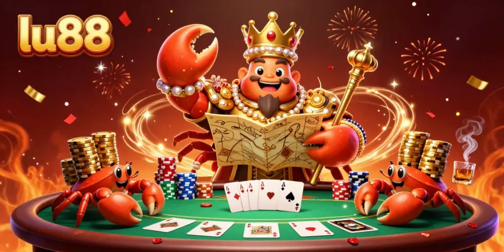 Experience the excitement as lu88 unveils a vibrant casino scene with a golden crab emperor and treasures.