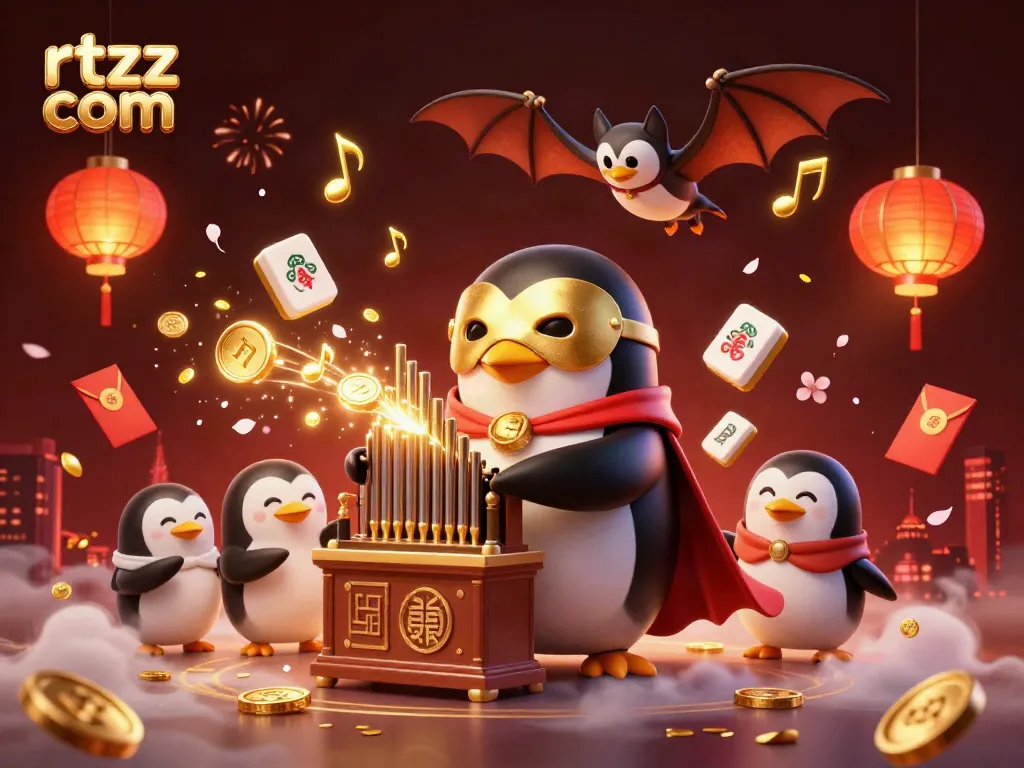 Experience the thrill of gaming at rtzz com with a vibrant illustration showcasing a cartoon penguin playing a magical organ amid a festive atmosphere.