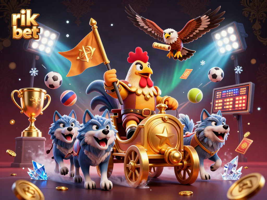Engage with rik bet's dynamic illustration of a cartoon rooster warlord leading fierce wolves and sports elements.