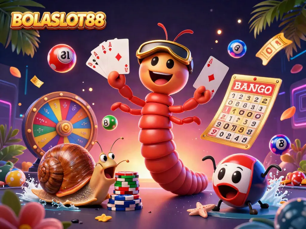 BOLASLOT88 vibrant scene with a millipede dealer, snail high-roller, and lively game elements.