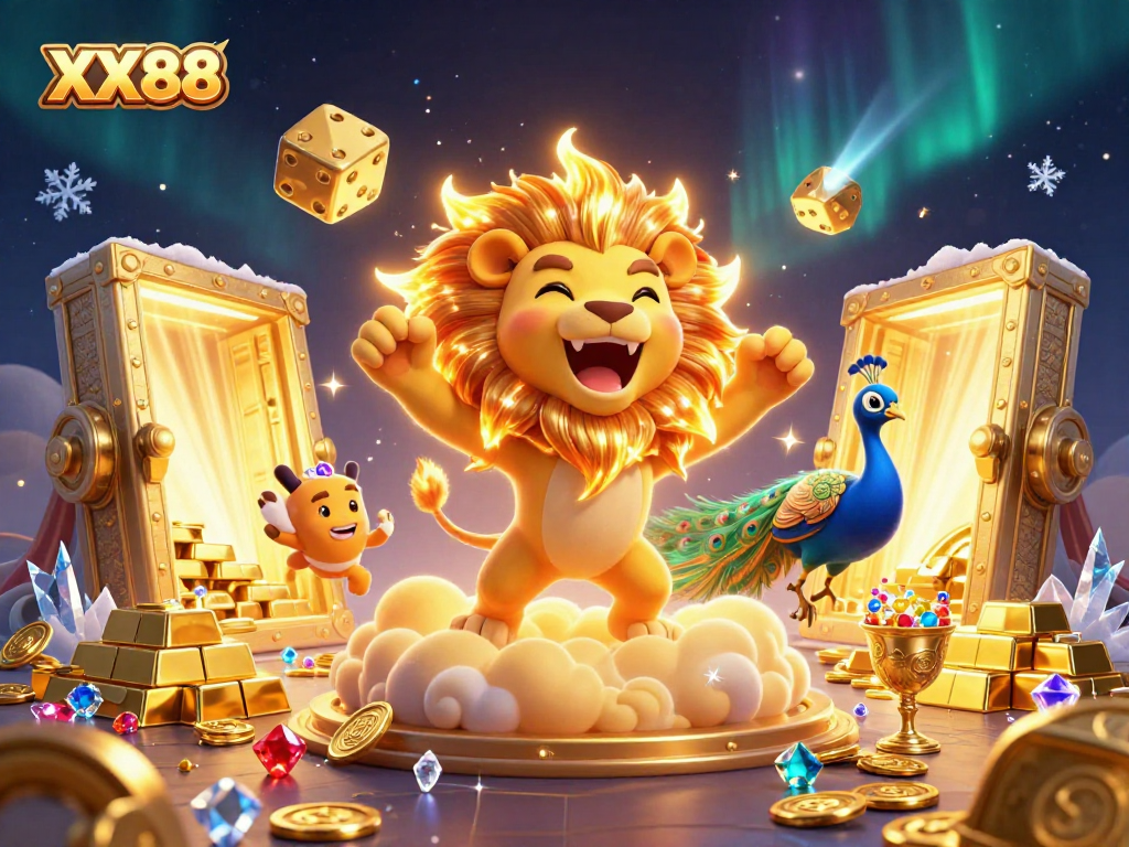 Join the exciting wins at XX88 with colorful treasures and a roaring sun lion in this vibrant casino illustration.