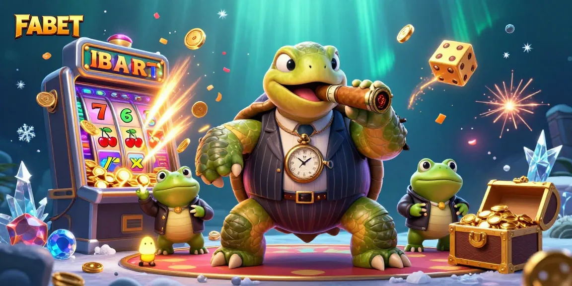 Experience FABET's thrilling casino action with cartoon turtle mobsters and slot machine jackpots.