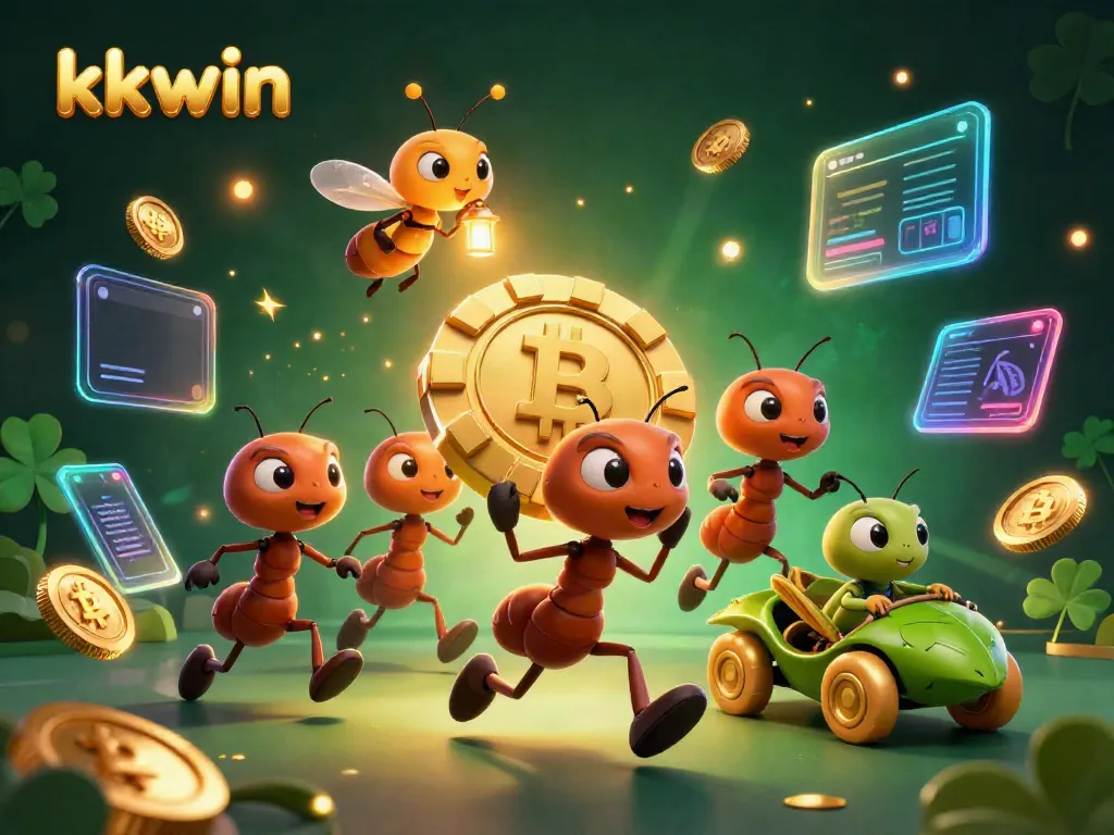 Play thrilling games at kkwin with ants heisting a giant poker chip and vibrant crypto elements.