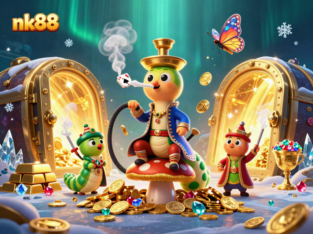 Experience a captivating gaming adventure with nk88's vibrant casino illustration showcasing rich treasures.