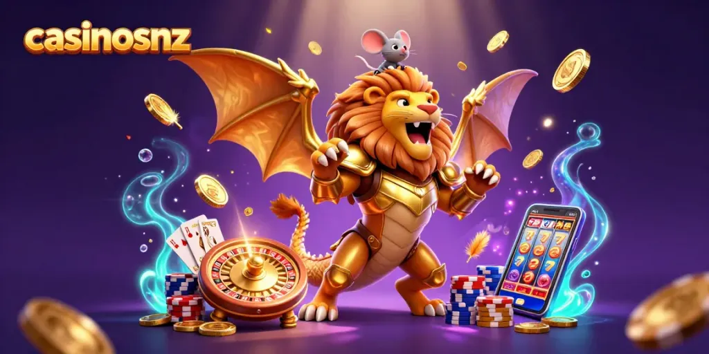Win big with casinosnz in this vibrant 3D illustration of a chimeric creature and dynamic casino elements.