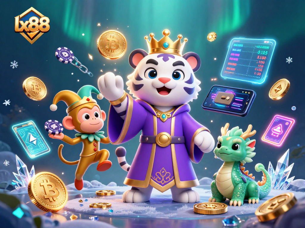 Engage with lx88's vibrant 3D casino scene featuring a royal tiger, playful monkey, and jade dragon.
