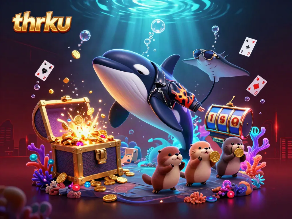thrku showcases an exciting scene of winning characters, celebrating with treasure and gaming elements in a vibrant underwater casino setting.
