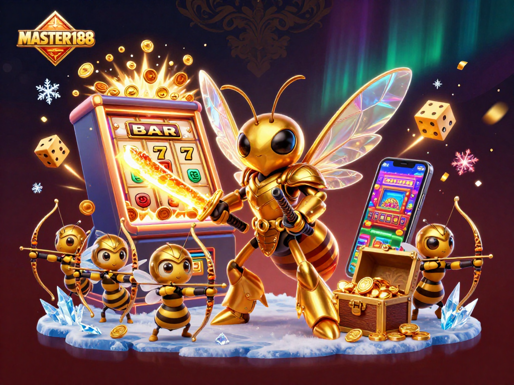 Engage with the vibrant world of MASTER188 featuring a golden samurai hornet among casino elements in 3D.