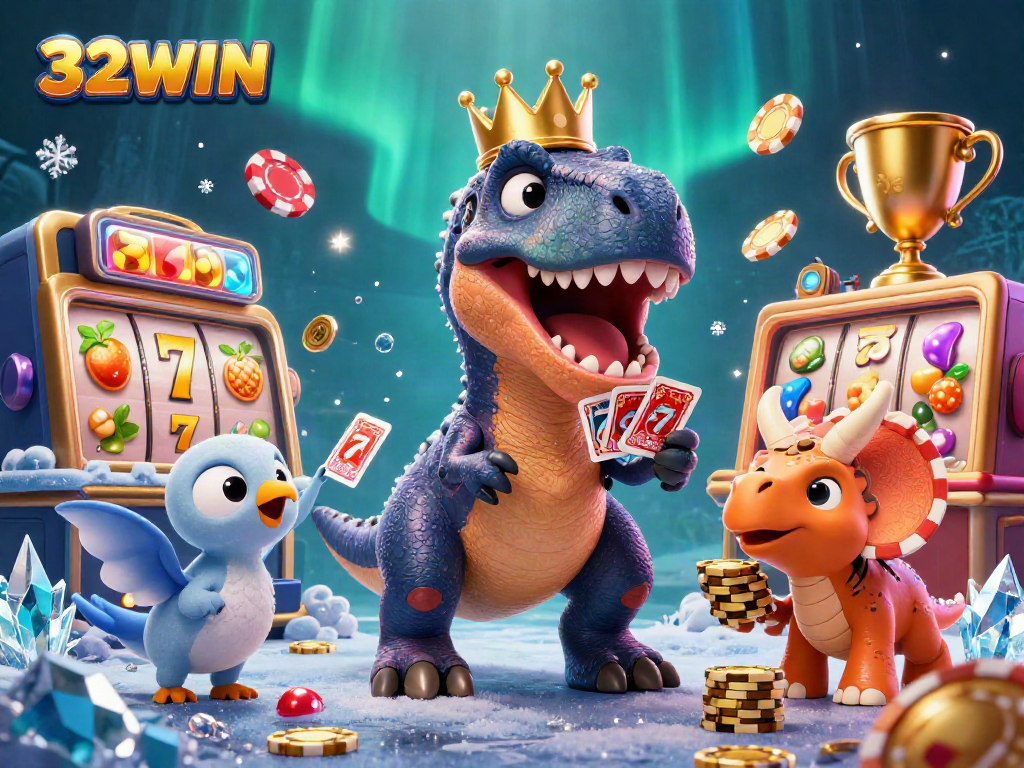 32WIN casino illustration with T-Rex shuffling cards and golden chips stacked, showcasing fun gambling.