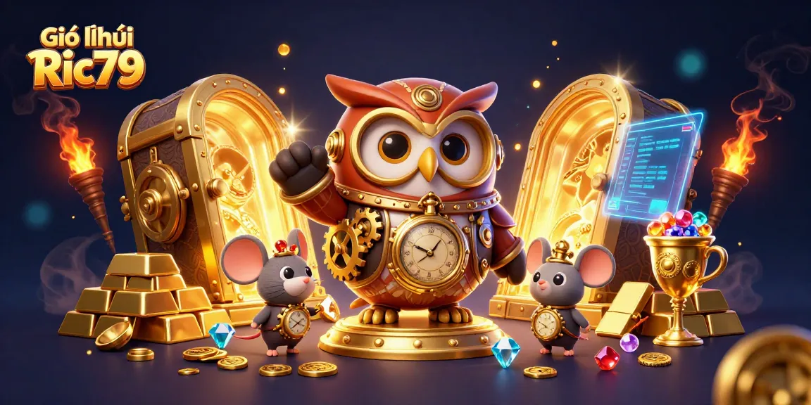 Engage in thrilling gameplay with Giới thiệu Ric79 featuring a steampunk owl in a vibrant casino scene.