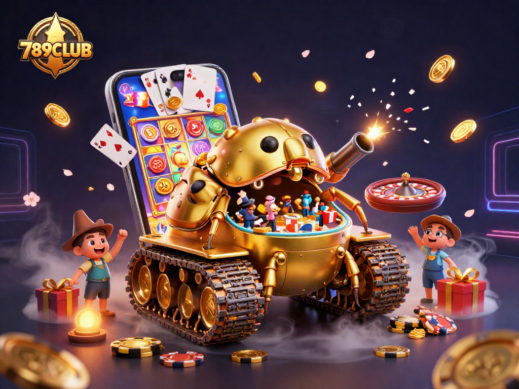 Engage with 789CLUB's vibrant casino scene featuring a golden beetle tank and slot games.