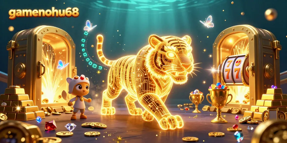 Join the excitement at gamenohu68 with vibrant 3D casino scene featuring golden tiger and slot reels.