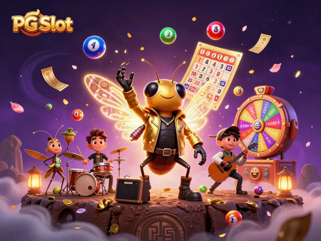 Nikmati PG Slot dengan cicada rock star 3D yang mengagumkan dalam latar belakang kasino berwarna-warni.
