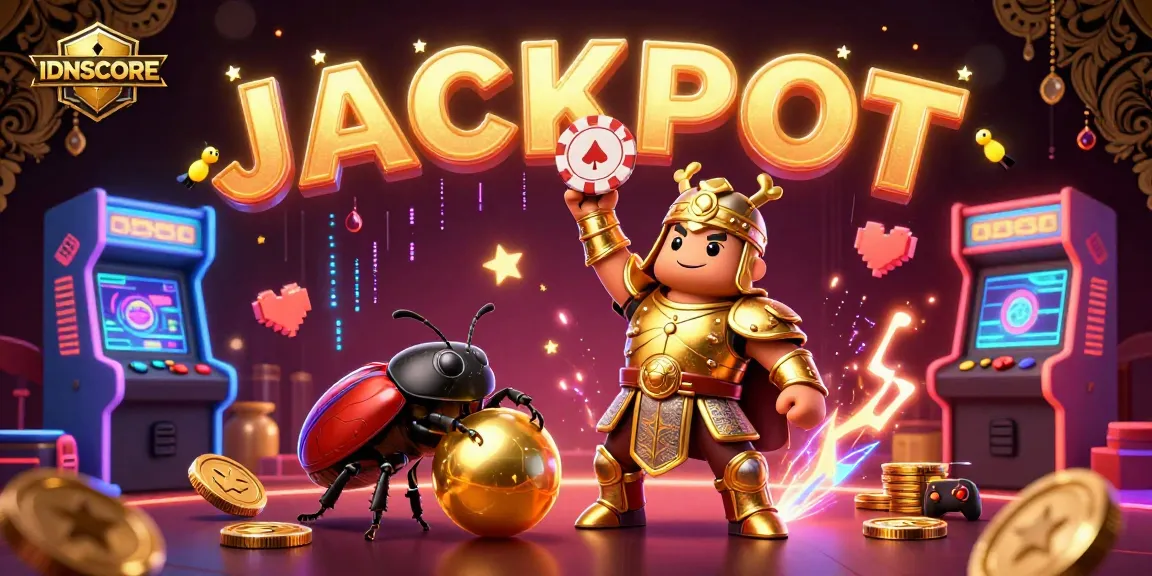Experience IDNSCORE excitement with a victorious beetle hero in a vibrant casino arcade setting.